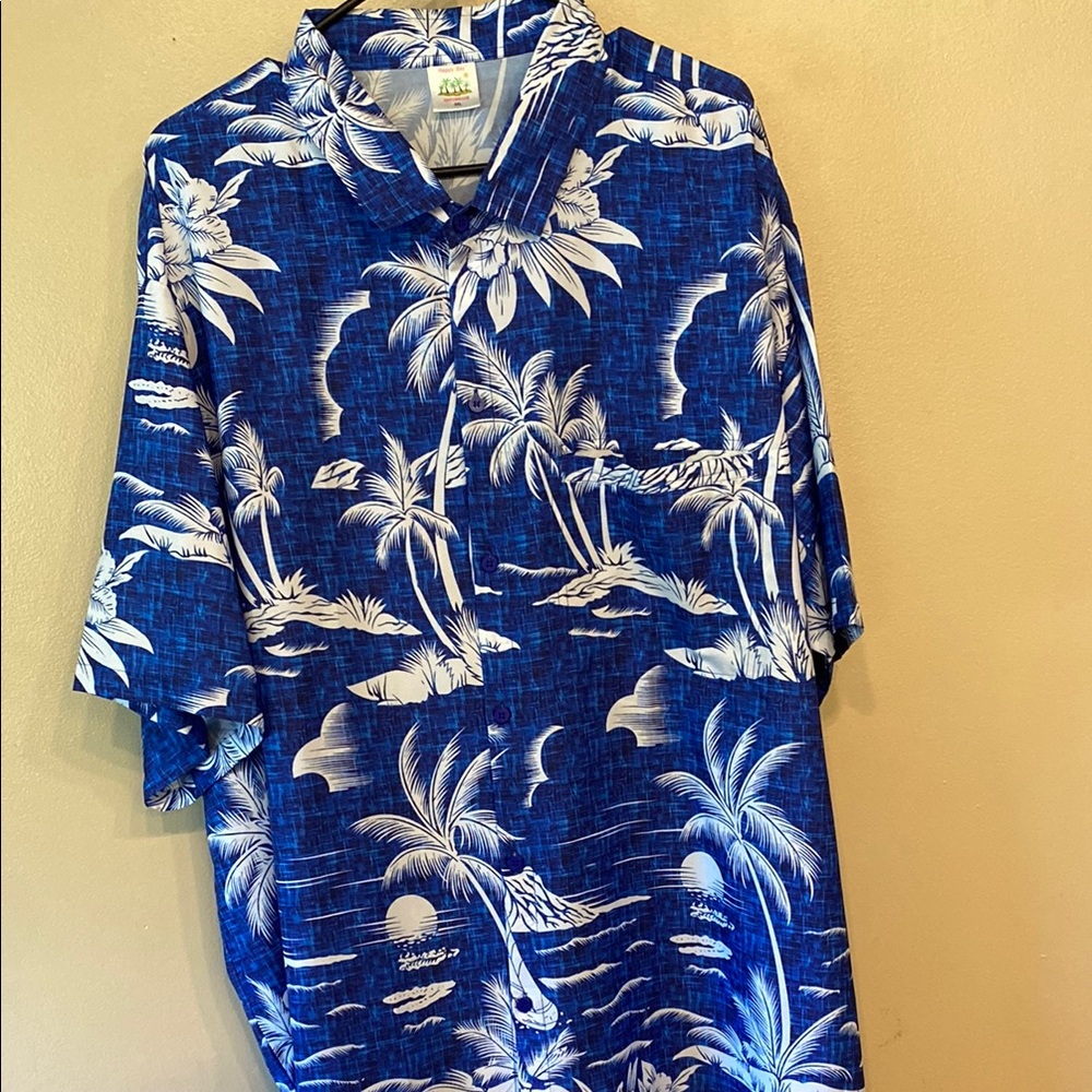 Blue and White Casual Button Down Shirt with Tropical Print
